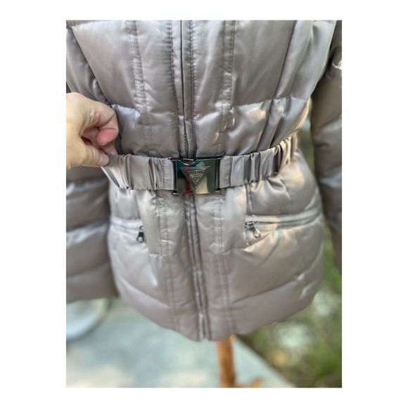 90s Y2K Guess Silver Metallic Satin Down Puffer Jacket Belt - Picture 3 of 16